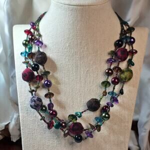 Artisan Multi Strand Beaded Necklace Felted Fabric Glass Boho Statement